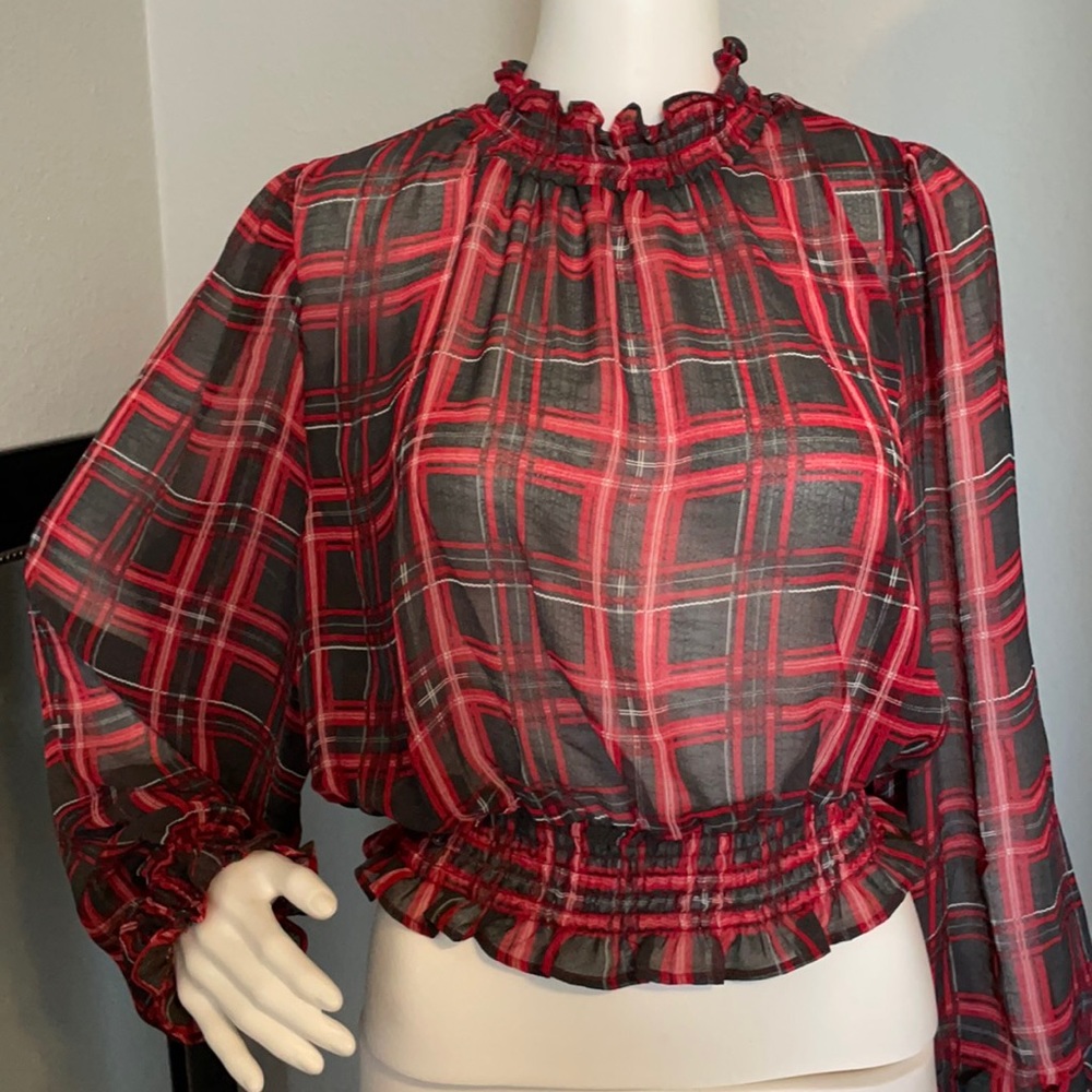 NWT Romeo Juliet Couture Plaid Sheer Top